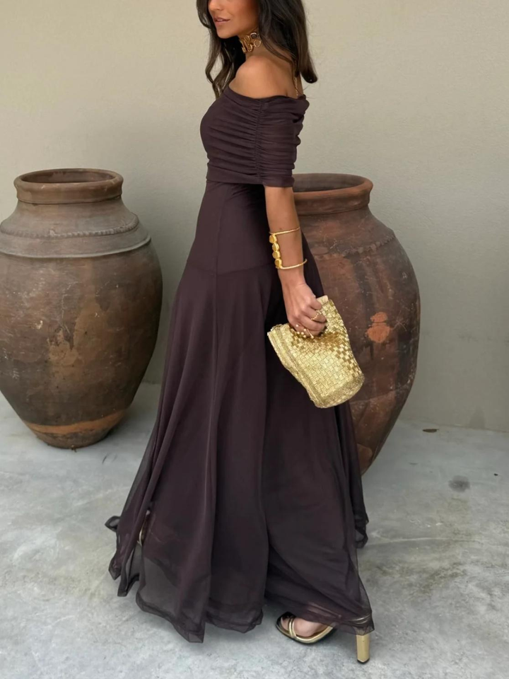 Robe longue drapée épaules nues pour femme