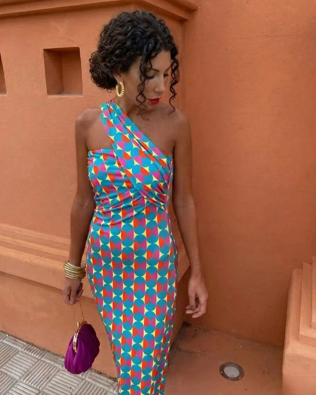 Robe Midi Asymétrique Femme Élégante à Une Épaule Imprimée