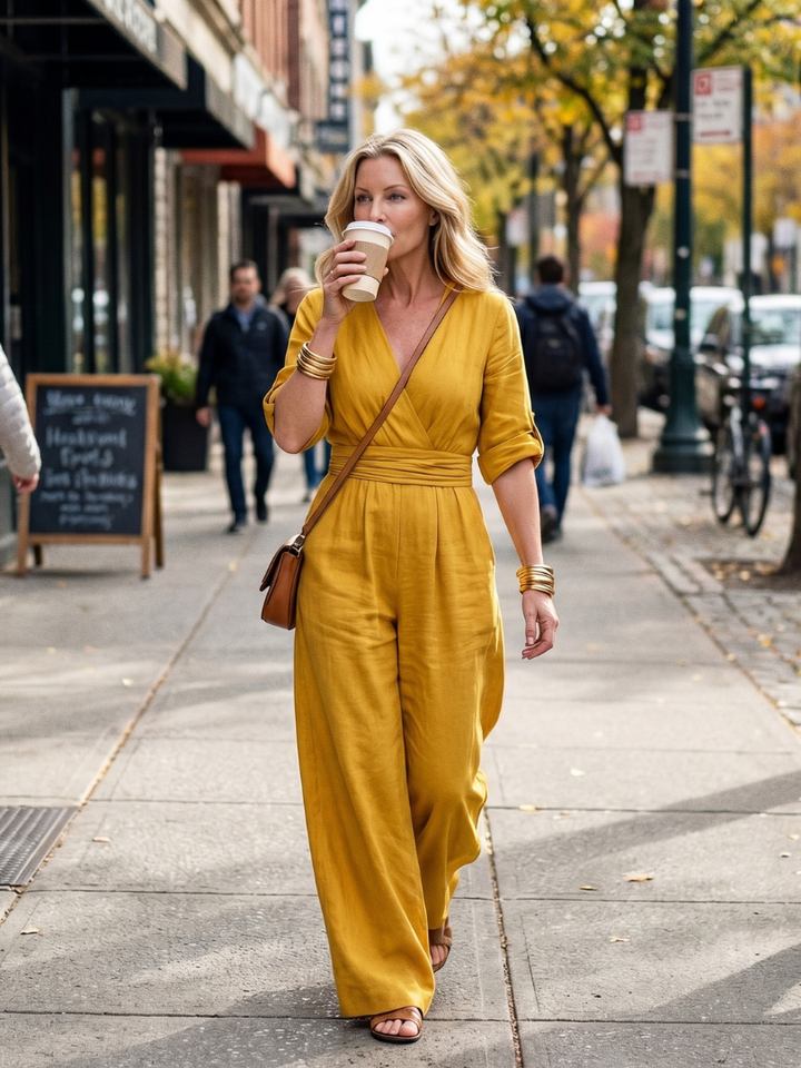 Robe Combinaison Femme à Décolleté Croisé et Jambes Amples