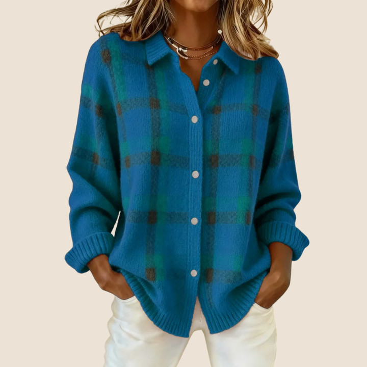 Maglione a quadri abbottonato con colletto da camicia da donna