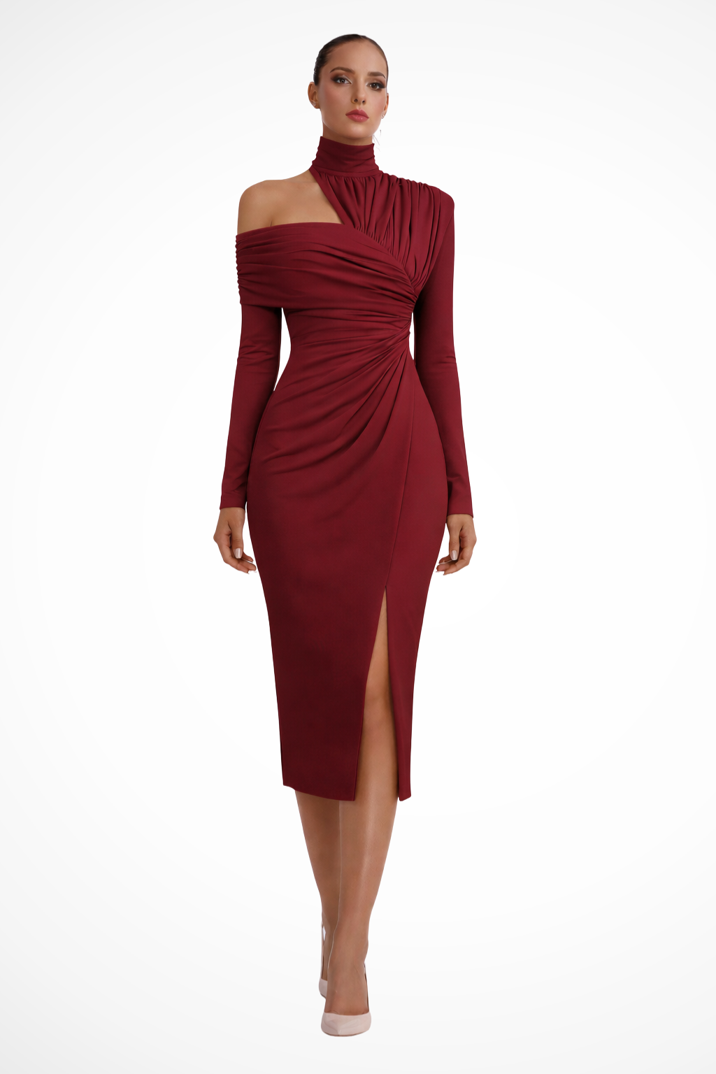 Robe Midi Femme Asymétrique à Manches Longues et Effet Drapé