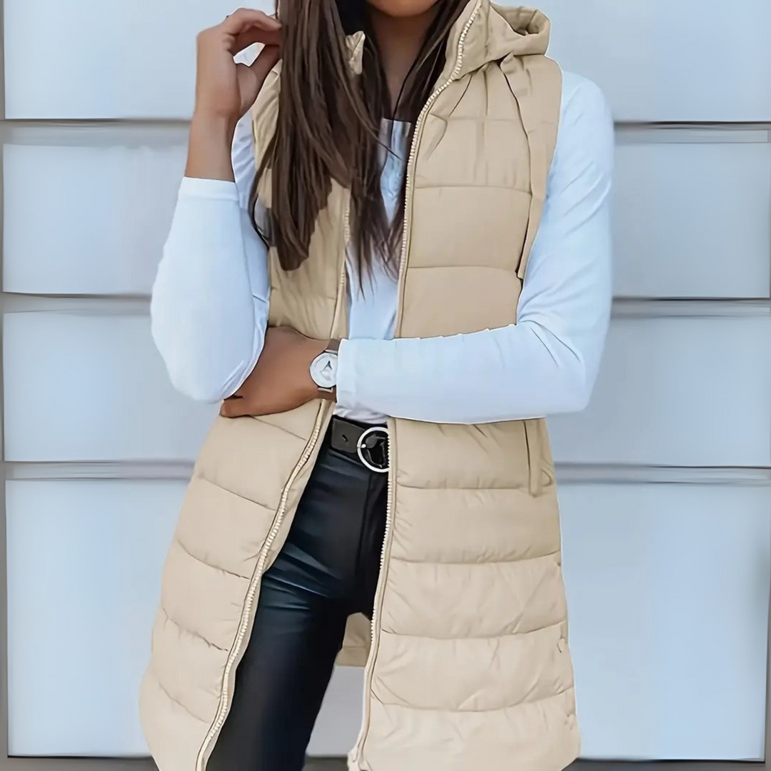 Gilet lungo da donna senza maniche con cappuccio