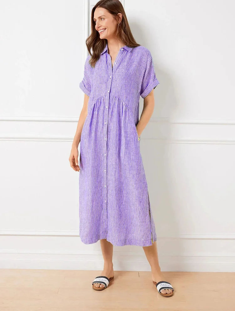Robe Midi Chemise Rayée à Coupe Fluide et Élégance Décontractée