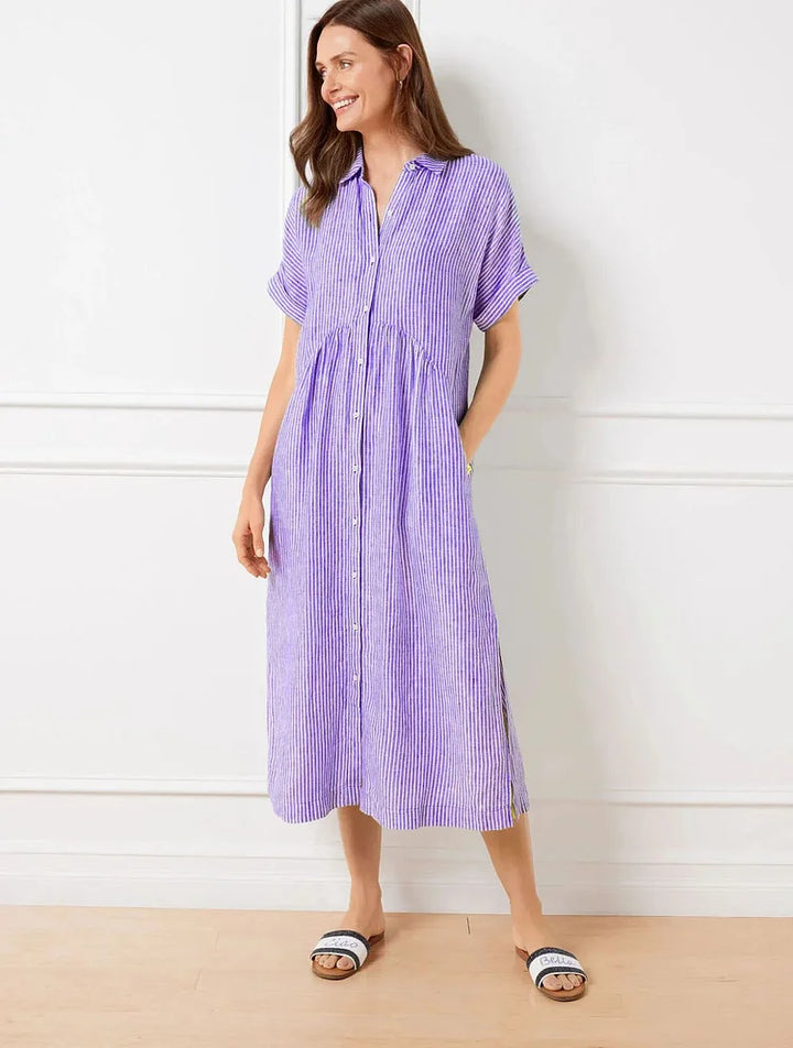 Robe Midi Chemise Rayée à Coupe Fluide et Élégance Décontractée