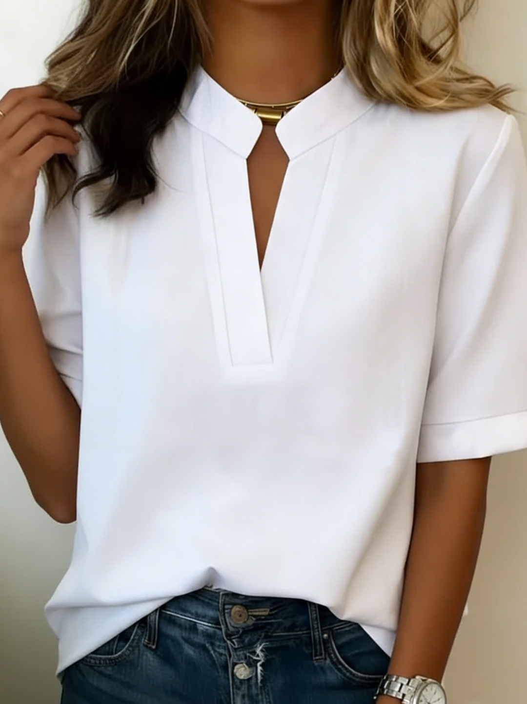 Women's Short-Sleeve V-Neck Blouse with a Relaxed Fit