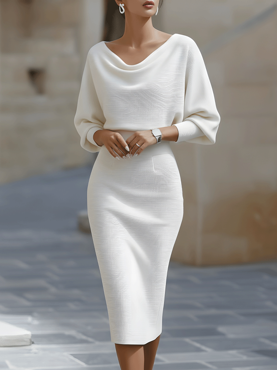 Robe Midi Femme à Col Drapé et Manches Chauve-Souris