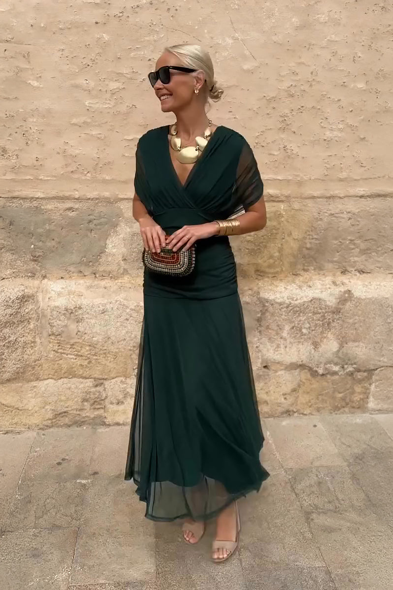 Robe Longue Femme Élégante à Col Cache-Cœur Plissé