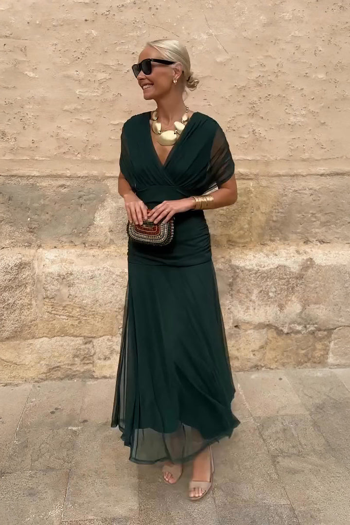 Robe Longue Femme Élégante à Col Cache-Cœur Plissé