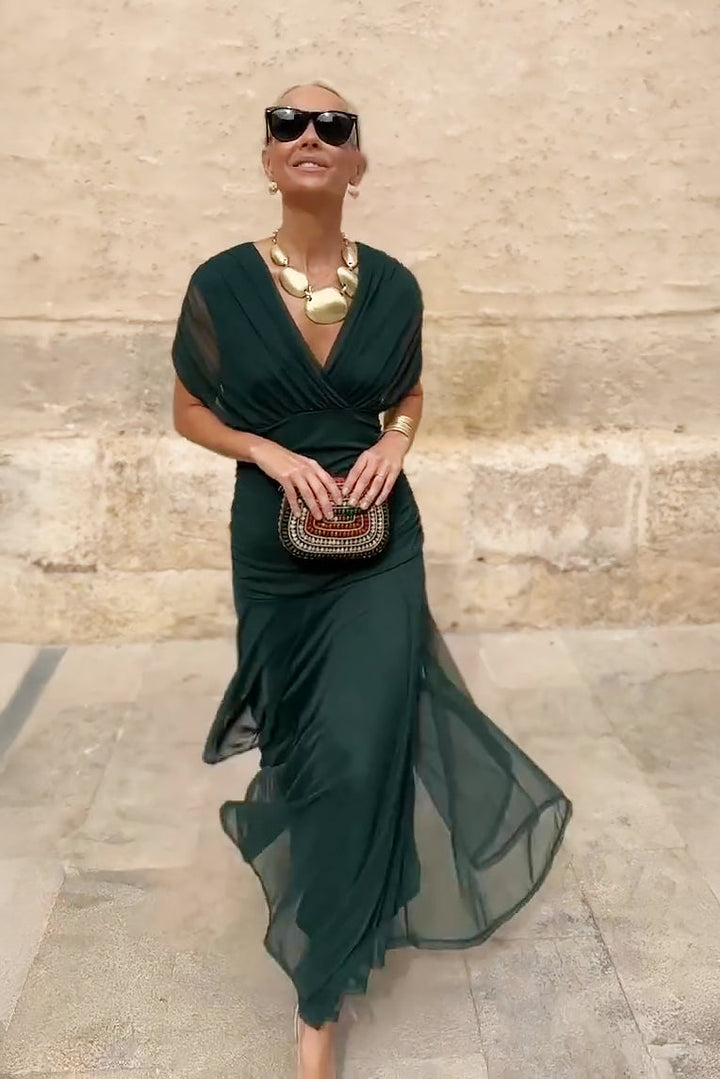 Robe Longue Femme Élégante à Col Cache-Cœur Plissé