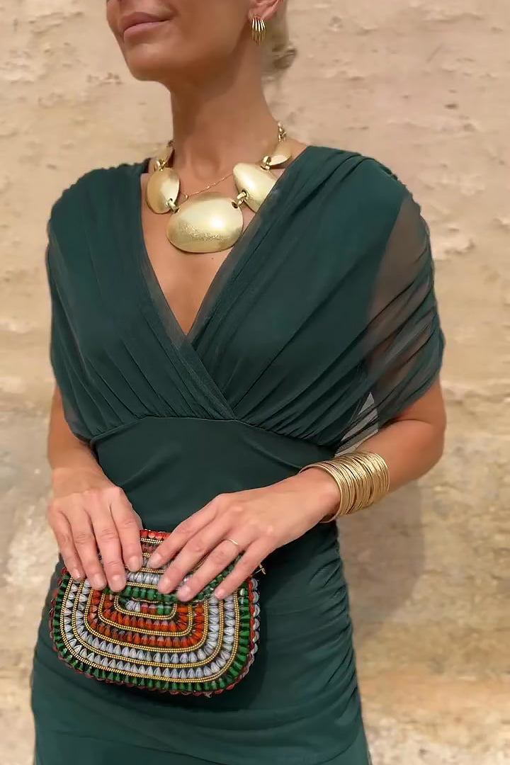 Robe Longue Femme Élégante à Col Cache-Cœur Plissé