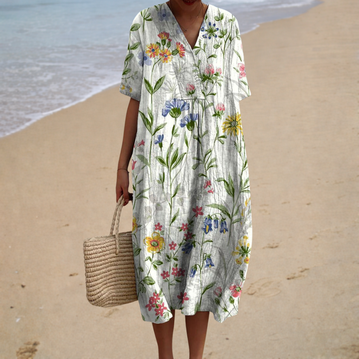 Vestito midi donna con stampa fiori di campo e maniche corte