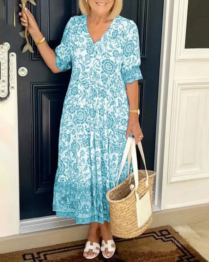 Abito midi da donna con scollo a V e motivo floreale