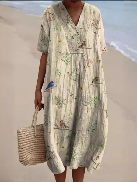 Women's Floral Print V-Neck Summer Midi Dress