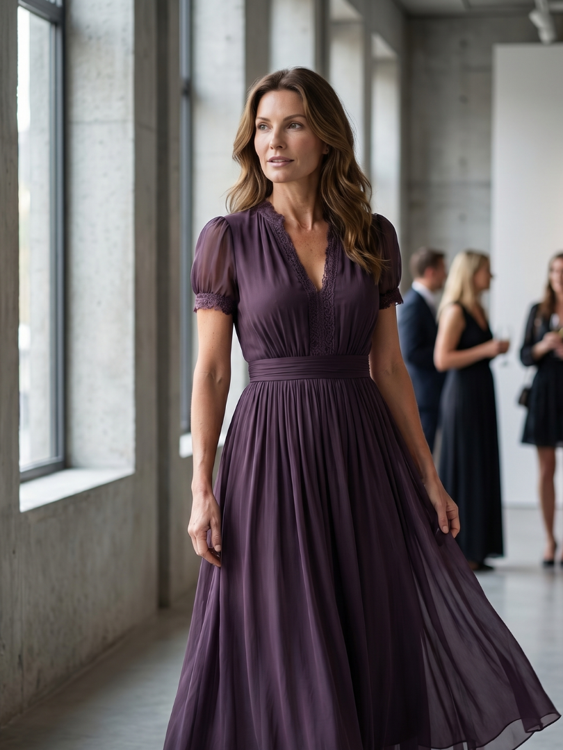 Robe Maxi Femme à Taille Froncée et Détail Goutte d’Eau