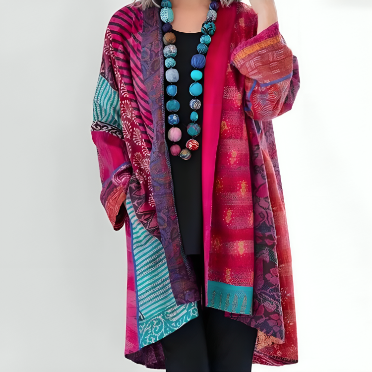 Kimono lungo bohémien da donna con stampa patchwork