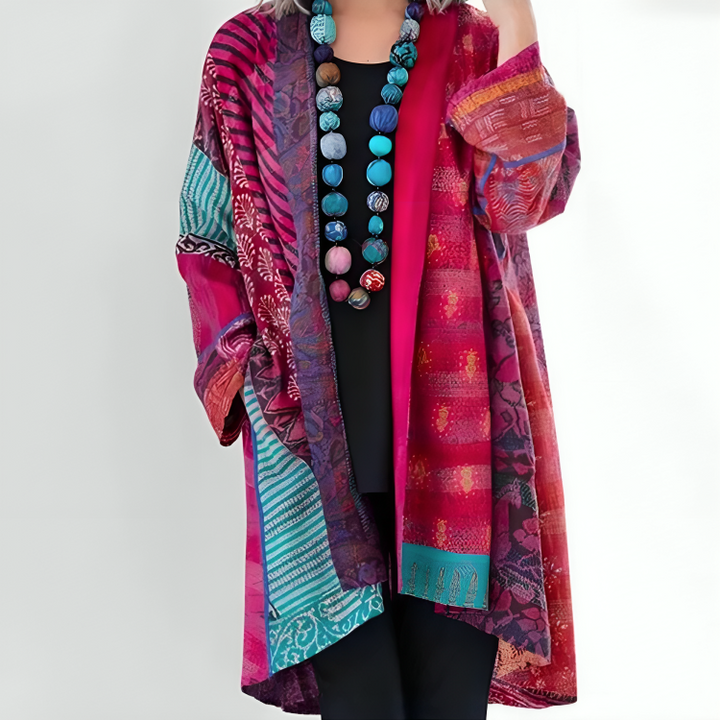 Kimono lungo bohémien da donna con stampa patchwork