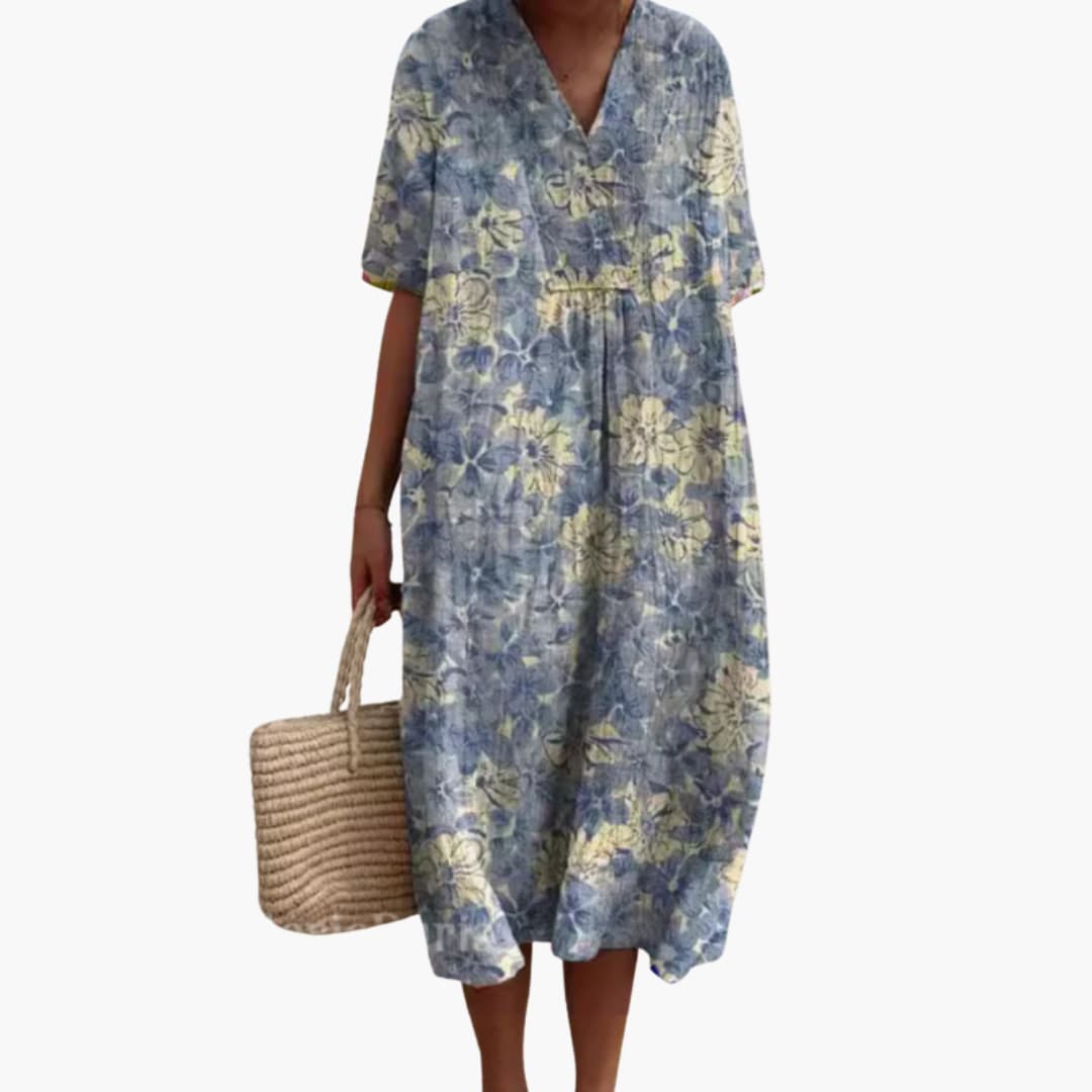 Robe Midi Femme Ample à Imprimé Floral avec Col en V