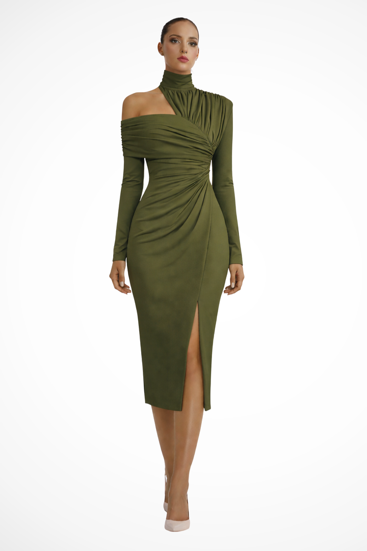 Robe Midi Femme Asymétrique à Manches Longues et Effet Drapé