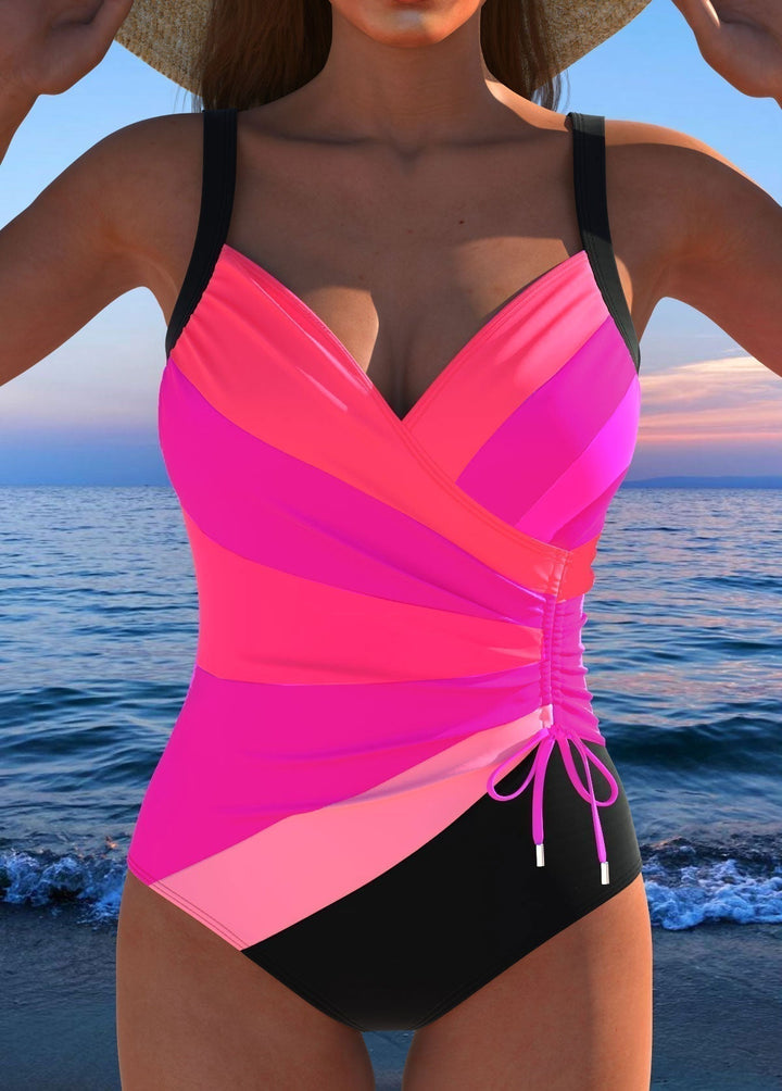 Costume da bagno intero donna modellante con stampa colorata e scollo a V incrociato