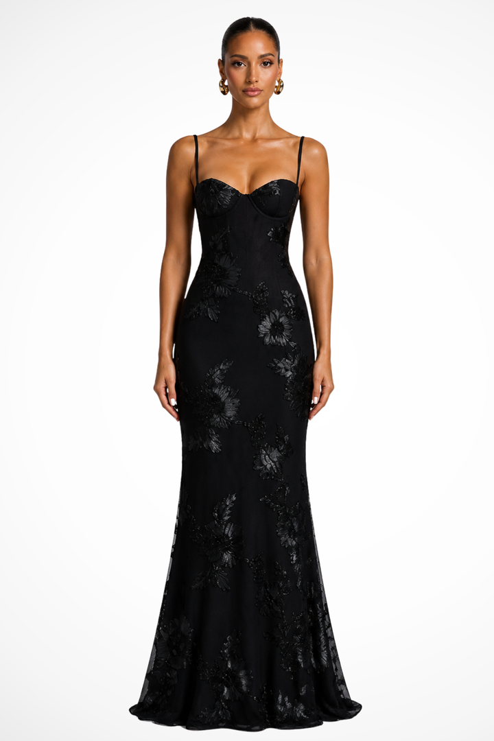 Robe Longue Femme Sirène à Bretelles Fines et Broderies Florales
