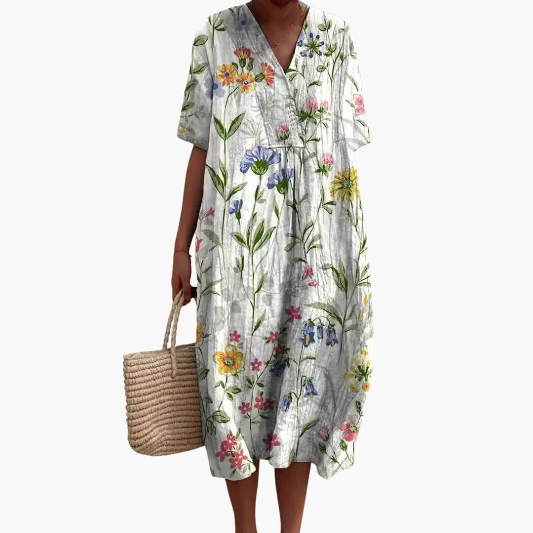 Robe Midi Femme Ample à Imprimé Floral avec Col en V