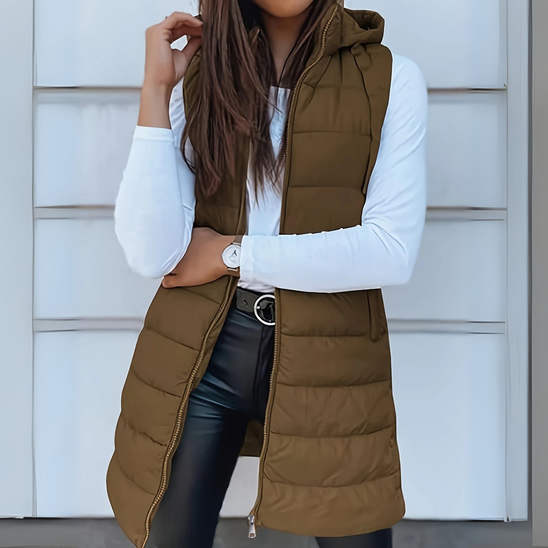 Gilet lungo da donna senza maniche con cappuccio