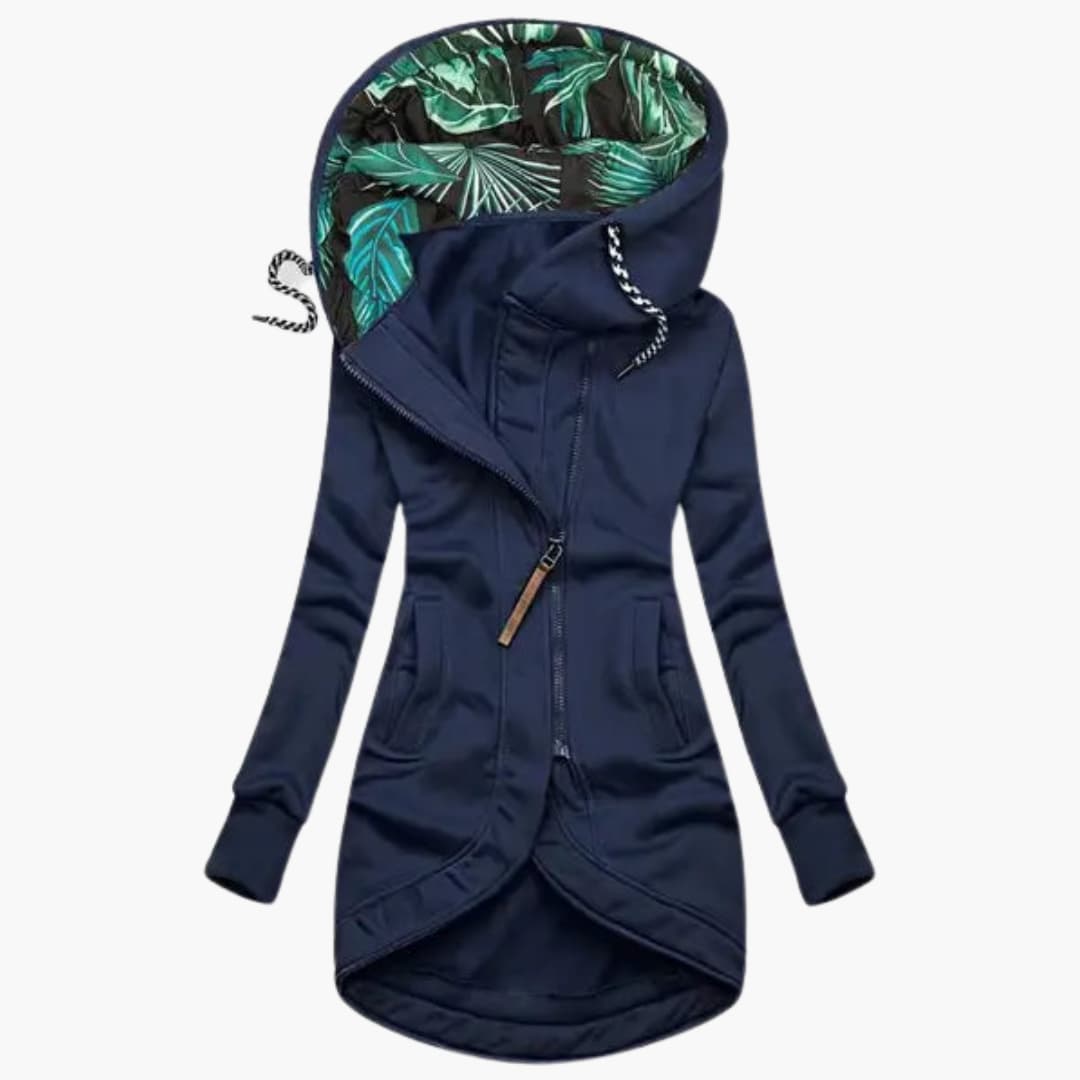 Veste Longue Femme à Capuche Imprimée et Zip Asymétrique