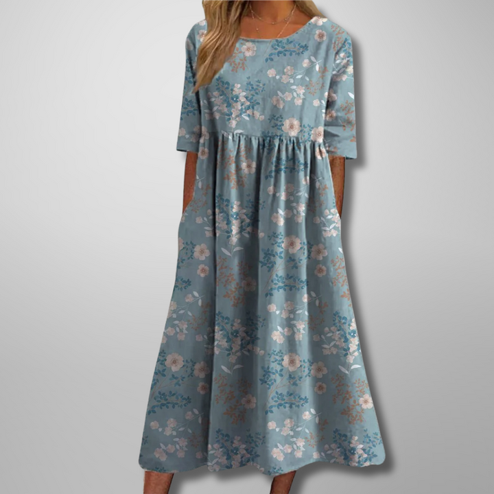 Vestito midi donna floreale collo tondo maniche corte ampio