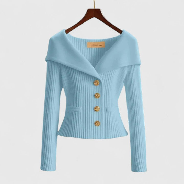 Cardigan Femme en Maille Côtelée à Boutons et Col Châle