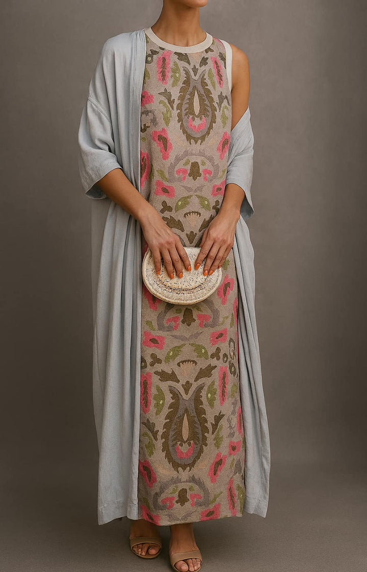 Completo Donna 2 Pezzi Abito Lungo Stampato e Cardigan Lungo Coordinato