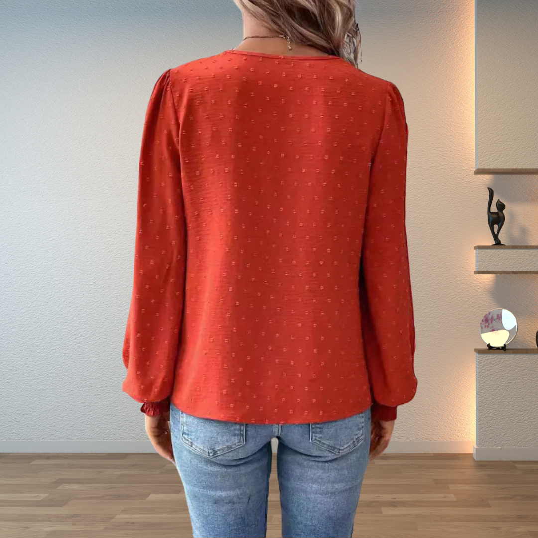 Blouse Femme Col V Brodé à Manches Longues Fluides