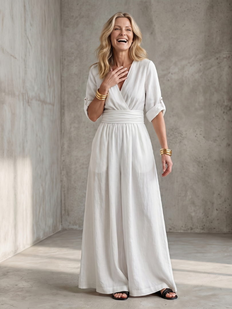 Robe Combinaison Femme à Décolleté Croisé et Jambes Amples