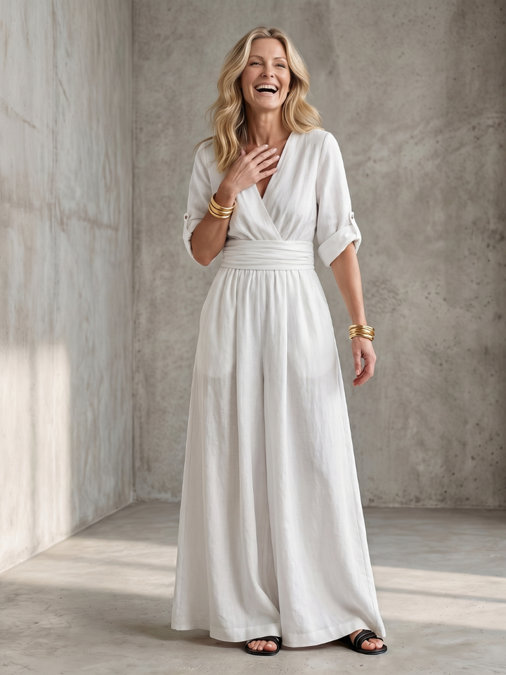 Robe Combinaison Femme à Décolleté Croisé et Jambes Amples