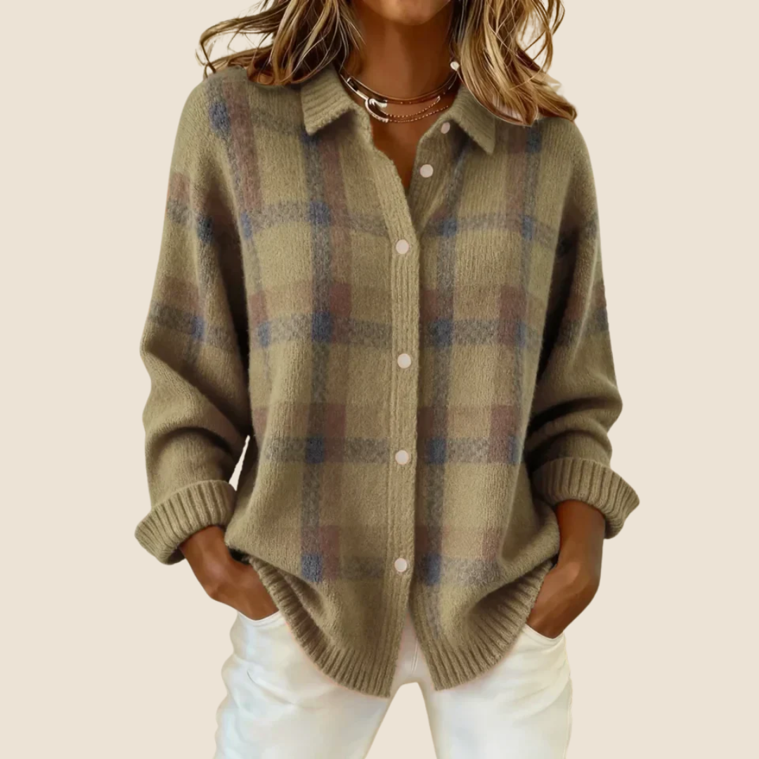 Maglione a quadri abbottonato con colletto da camicia da donna