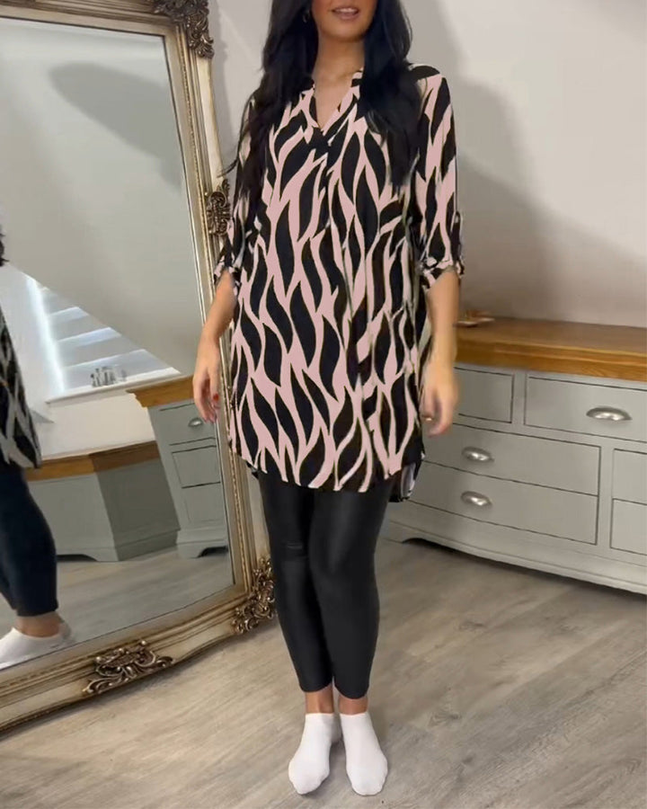 Blouse Ample Pour Femme à Col en V et Manches Trois-Quarts