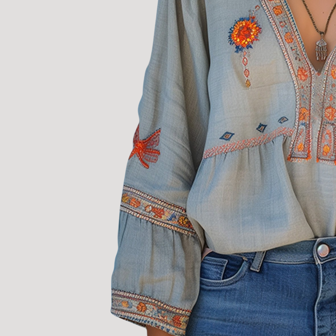 Blouse bohème femme broderie florale col V