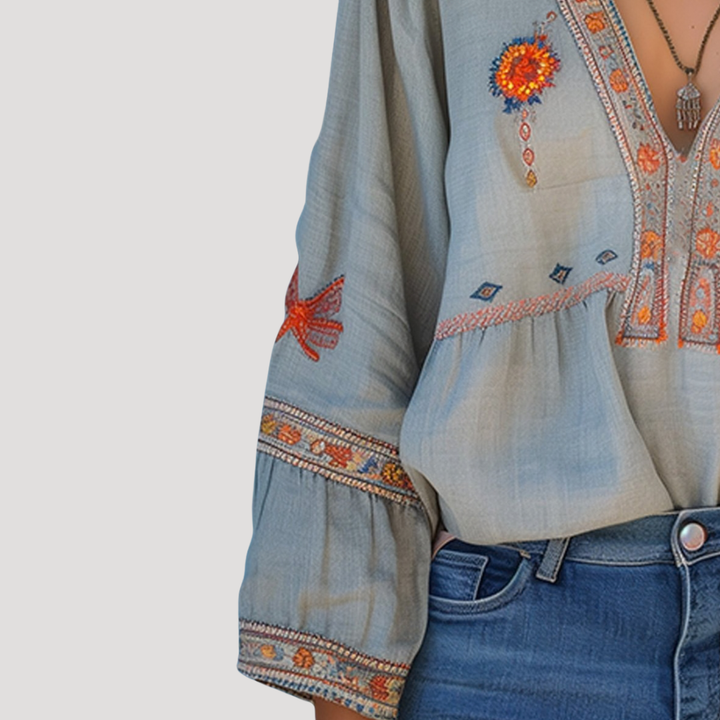Blouse bohème femme broderie florale col V