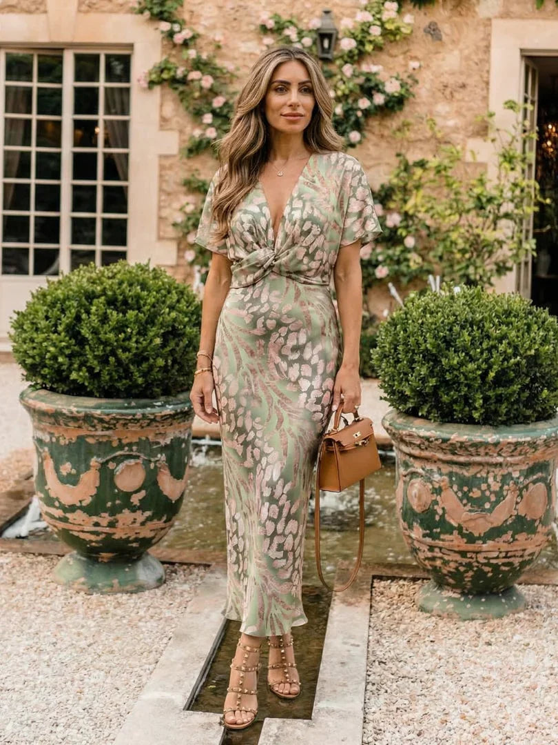 Vestito midi da donna stampato con vita drappeggiata e scollo a V