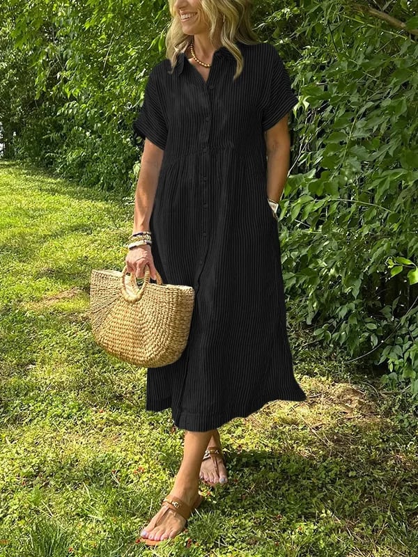 Robe Midi Femme Chemise à Rayures avec Poches