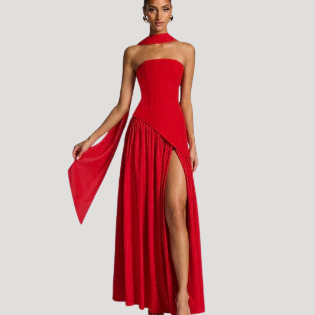 Abito lungo da donna con bustier e spacco elegante