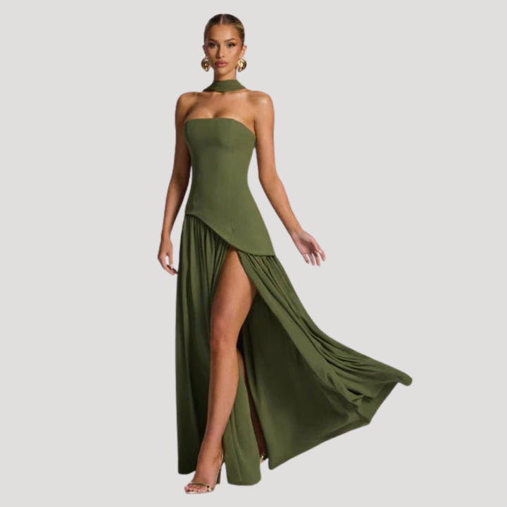 Abito lungo da donna con bustier e spacco elegante