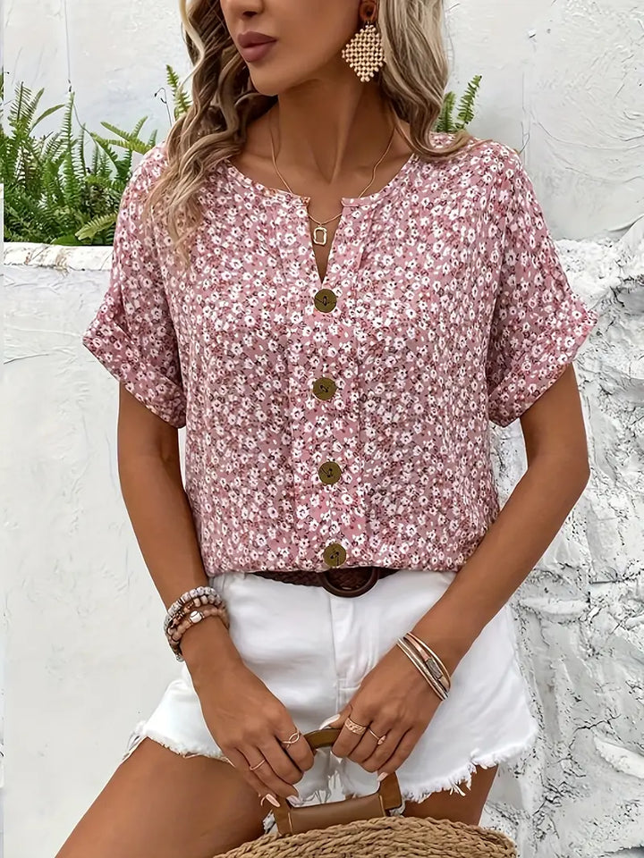 Chemisier Femme Fleuri à Boutons et Manches Courtes