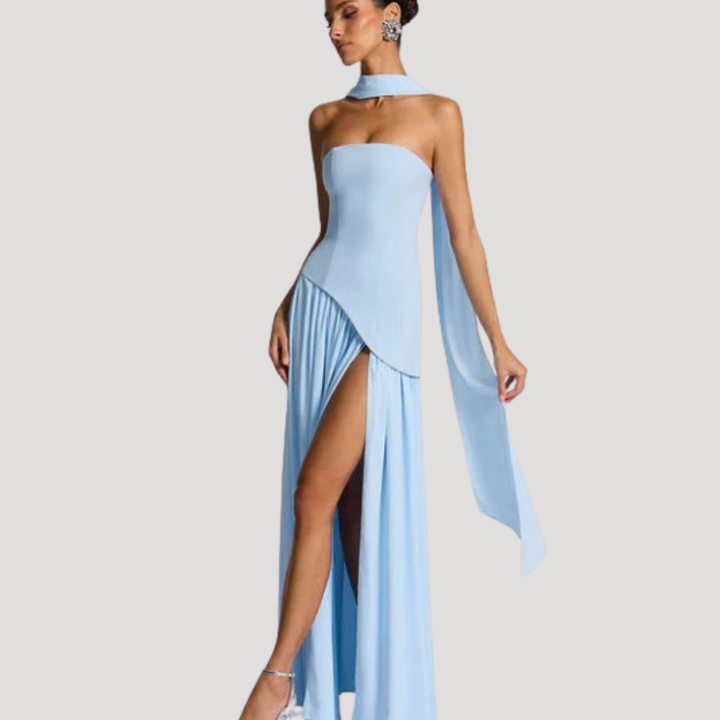 Abito lungo da donna con bustier e spacco elegante