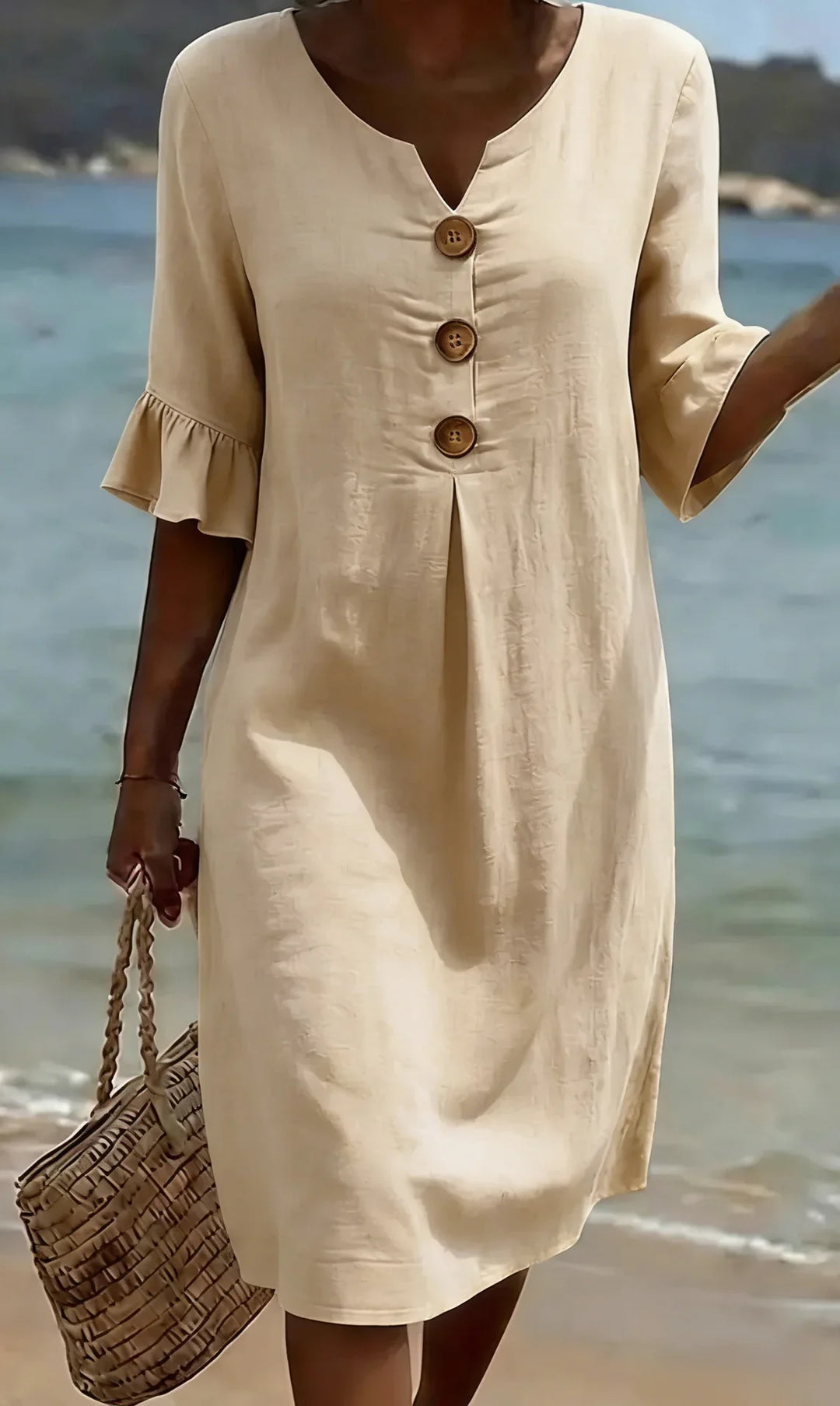 Robe Courte Décontractée à Boutons Décoratifs et Manches Volantées pour Femme