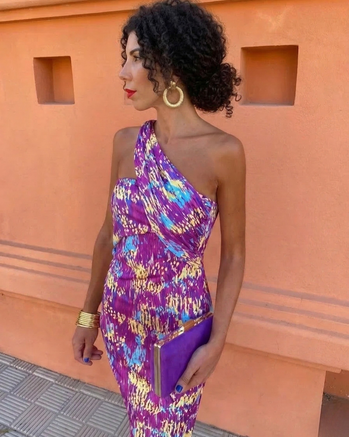 Robe Midi Asymétrique Femme Élégante à Une Épaule Imprimée