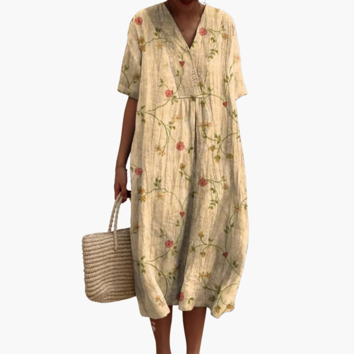 Robe Midi Femme Ample à Imprimé Floral avec Col en V
