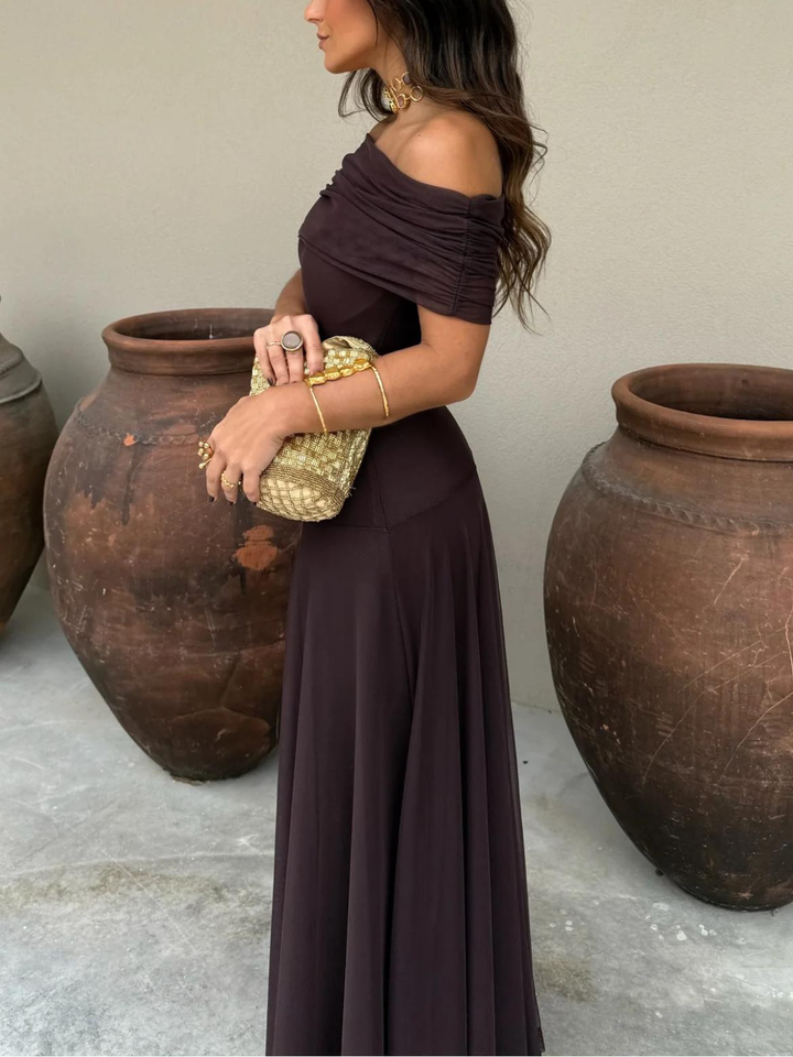 Robe longue drapée épaules nues pour femme