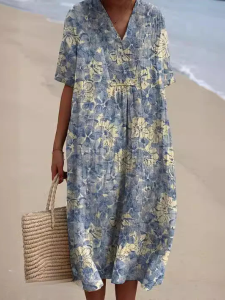 Women's Floral Print V-Neck Summer Midi Dress