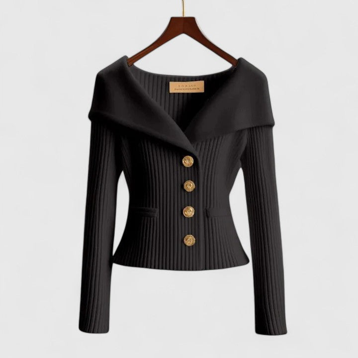 Cardigan Femme en Maille Côtelée à Boutons et Col Châle