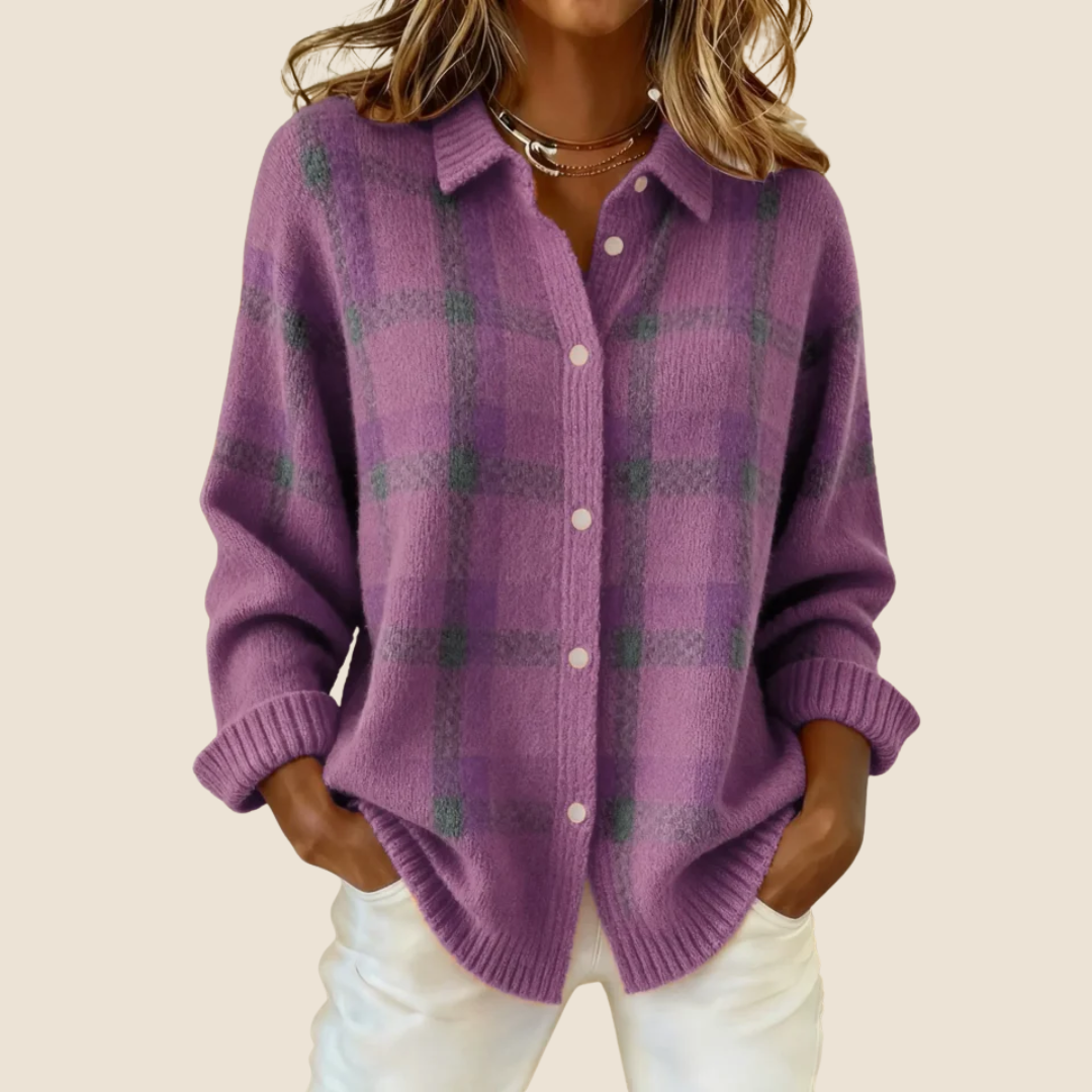 Maglione a quadri abbottonato con colletto da camicia da donna